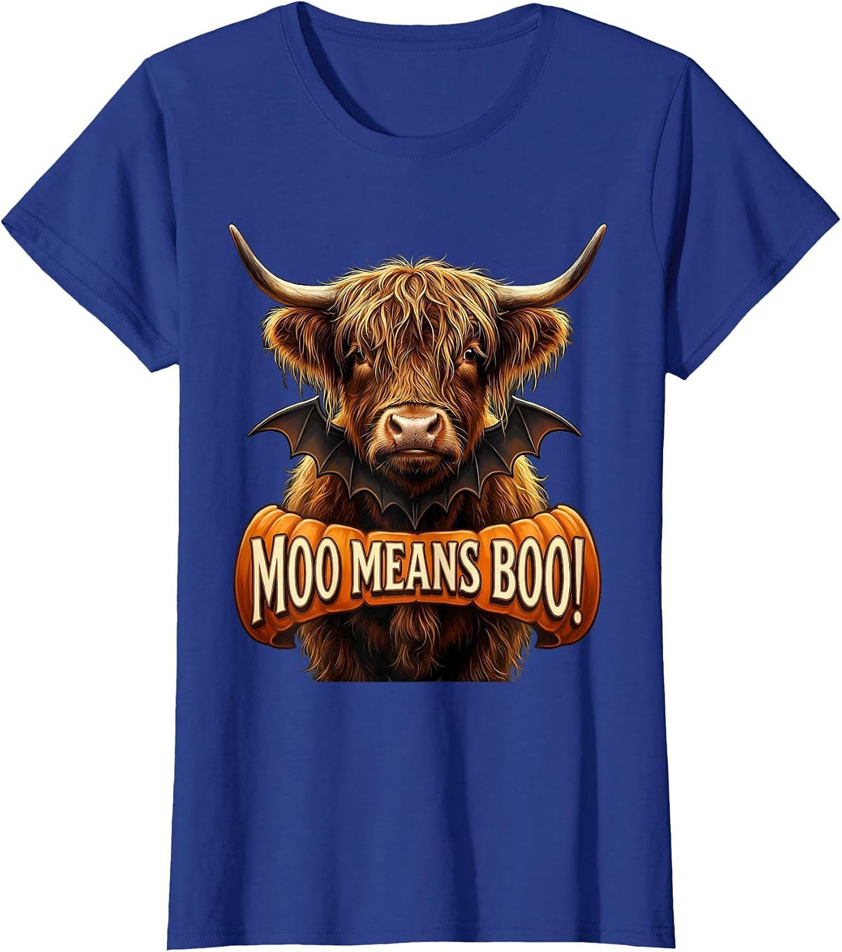 Women's Moo Means Boo! Whimsical Highland Cow Fall Halloween Humor T-Shirt - Royal Blue