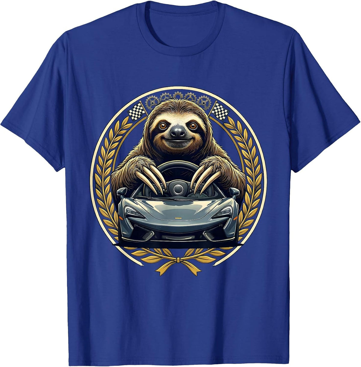 Slow Lane Sloth Sports Car Funny Graphic T-Shirt - Royal Blue