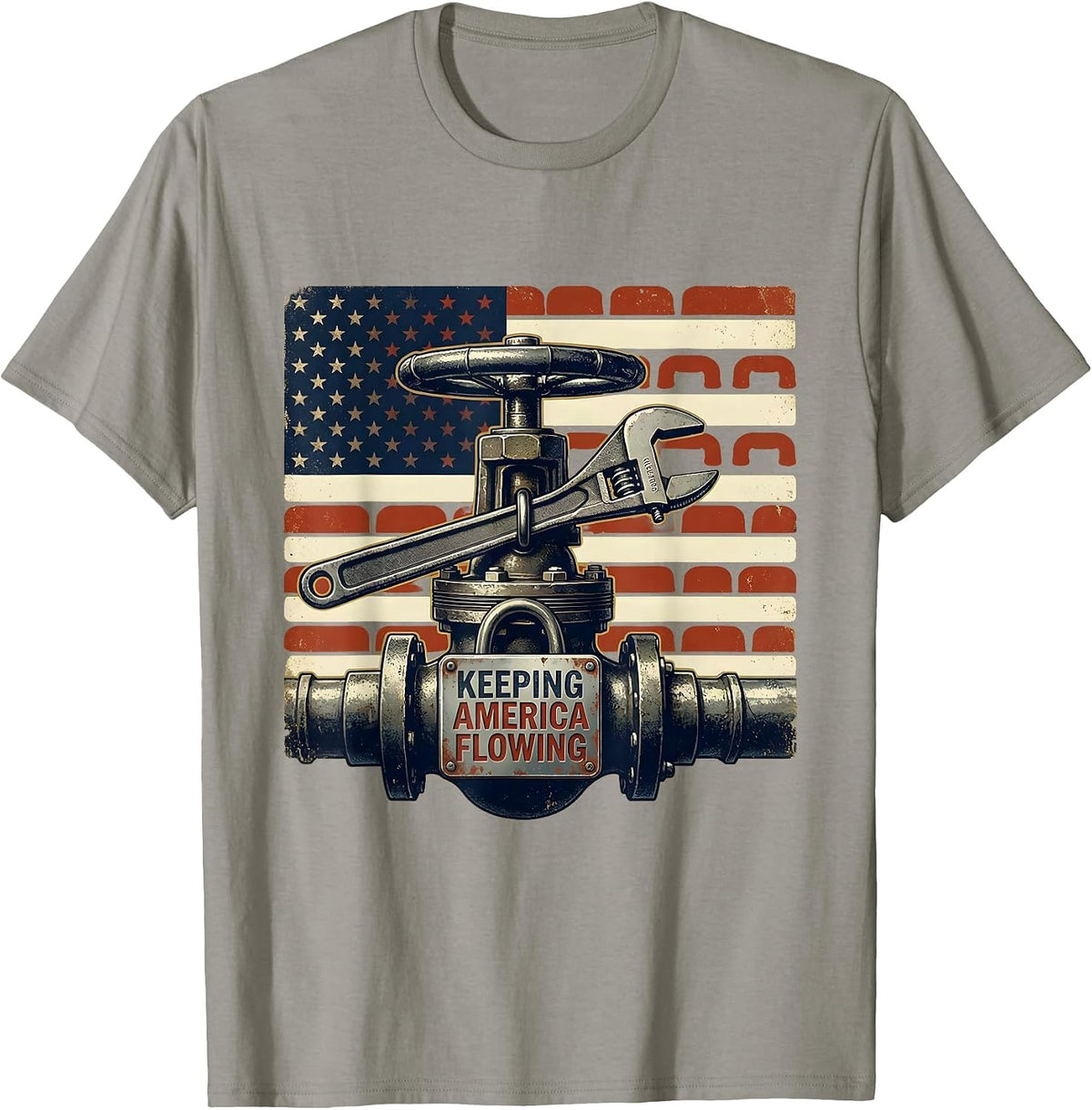 Men's Keeping America Flowing Vintage Plumber American Flag T-Shirt - Slate Grey