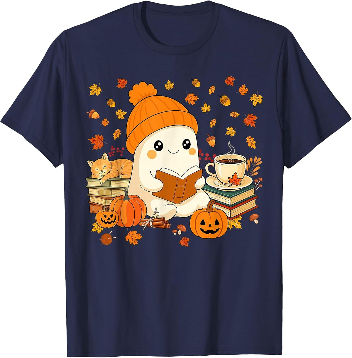 Cute Ghost Reading Book Lovers Autumn Fall Halloween Ghost T-Shirt - Navy Blue