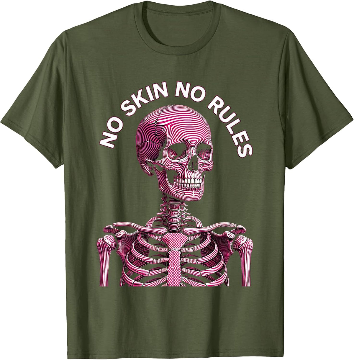 Skeleton No Skin No Rules Bold Graphic Design T-Shirt - Olive Green