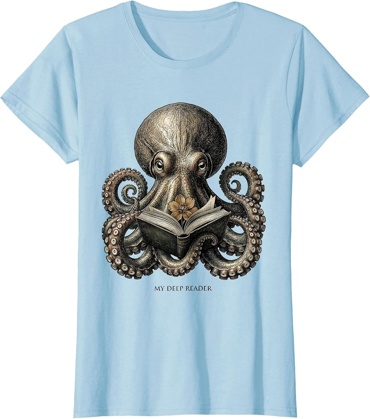 Women's My Deep Reader Botanical Octopus Book Lover Reader Art T-Shirt - Baby Blue