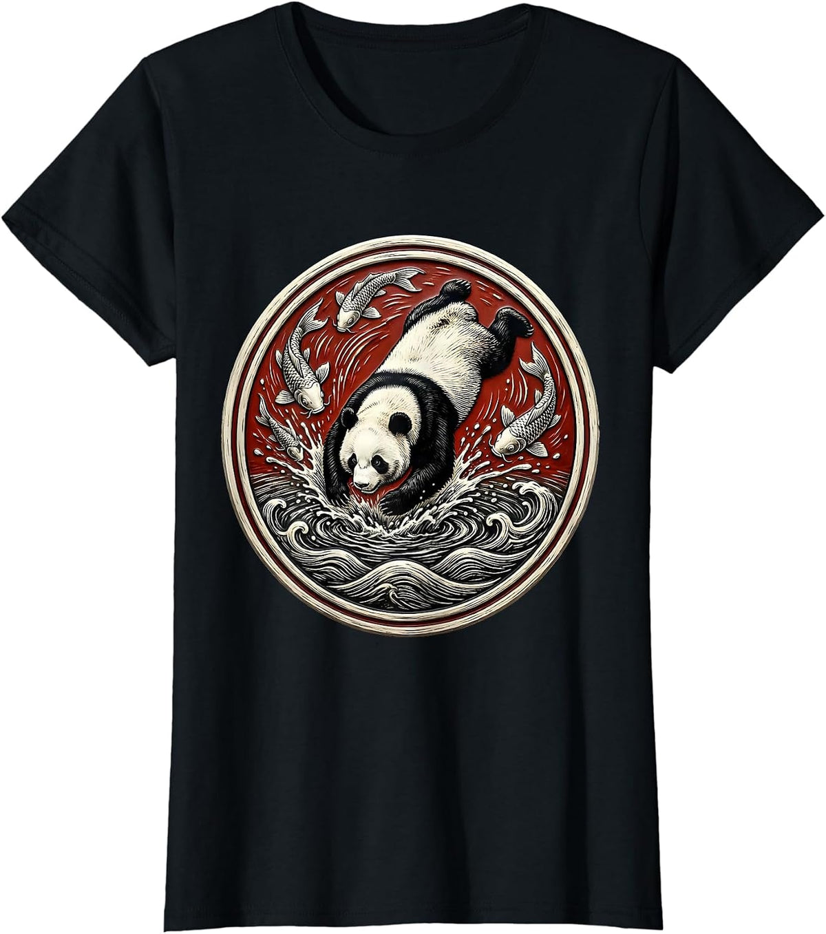 Panda Bear Diving Into Koi Pond Graphic T-Shirt - Black