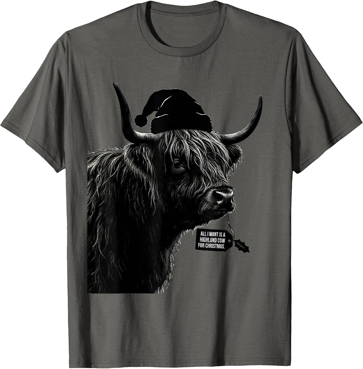 All I Want Is A Highland Cow For Christmas Highland Cow T-Shirt - Asphalt Grey