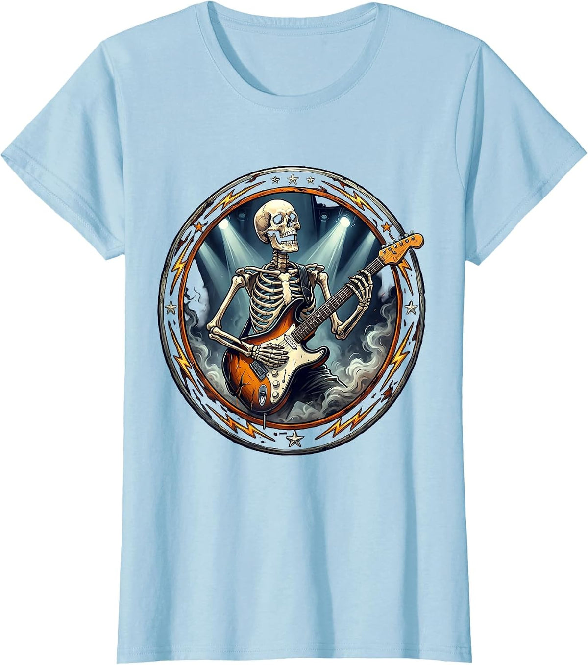 Skeleton Electric Guitar Player Stage Rock Art T-Shirt - Baby Blue