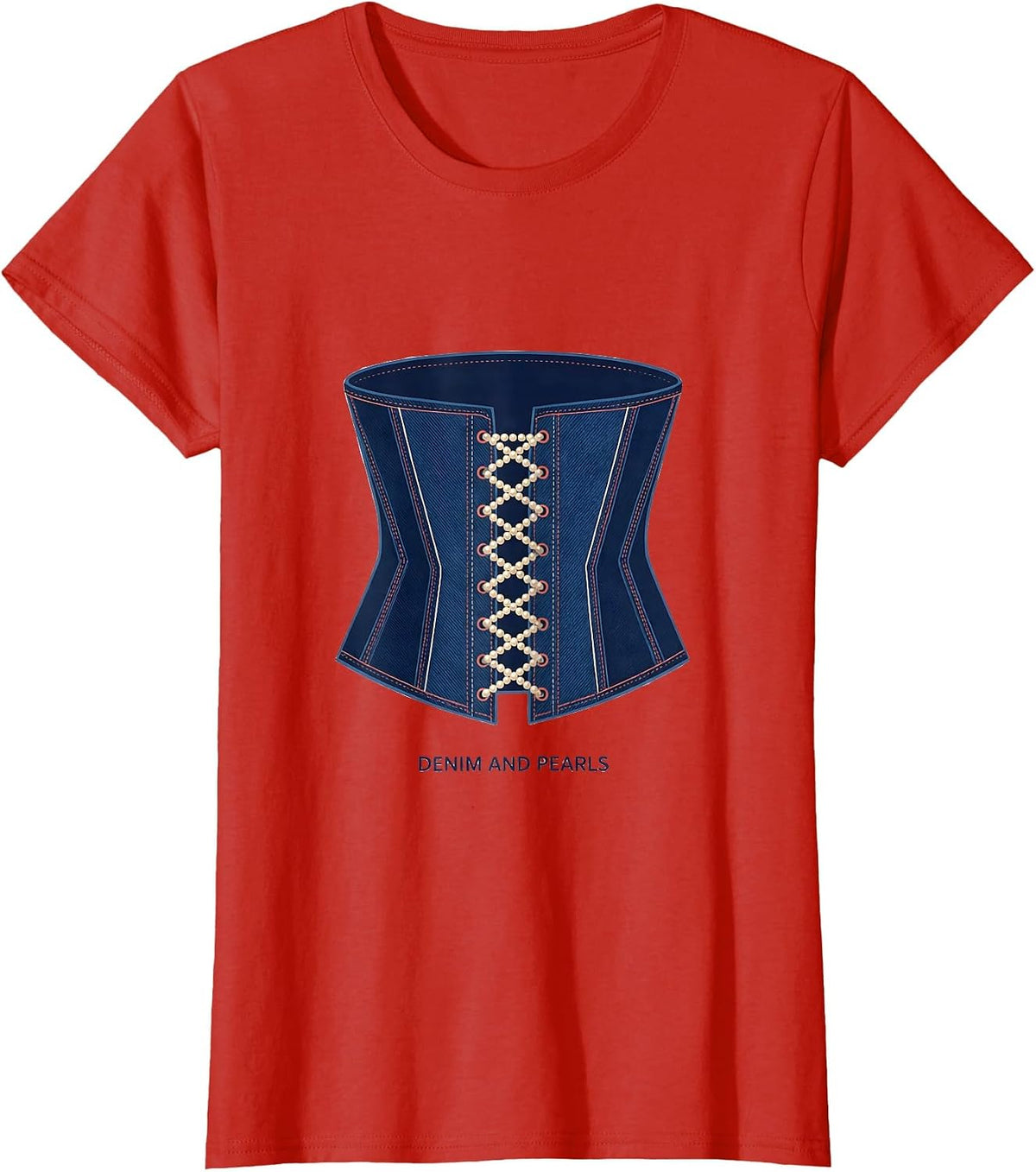 Women's Denim And Pearls Glam Vintage Ladylike Fashion Gift T-Shirt - Red