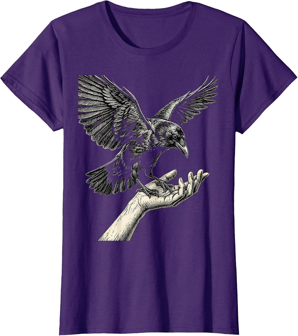 Women's Crow Landing on Outstretched Hand Illustration T-Shirt - Purple
