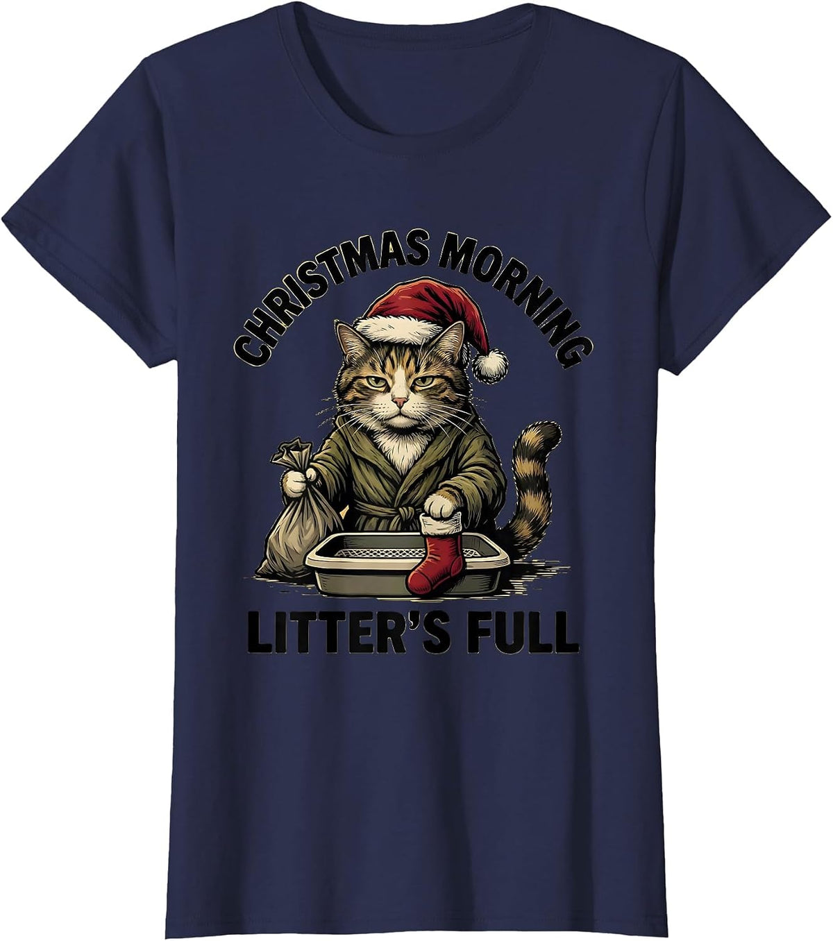 Women's Christmas Morning, Litter's Full Funny Cat Lover Ugly T-Shirt - Navy Blue