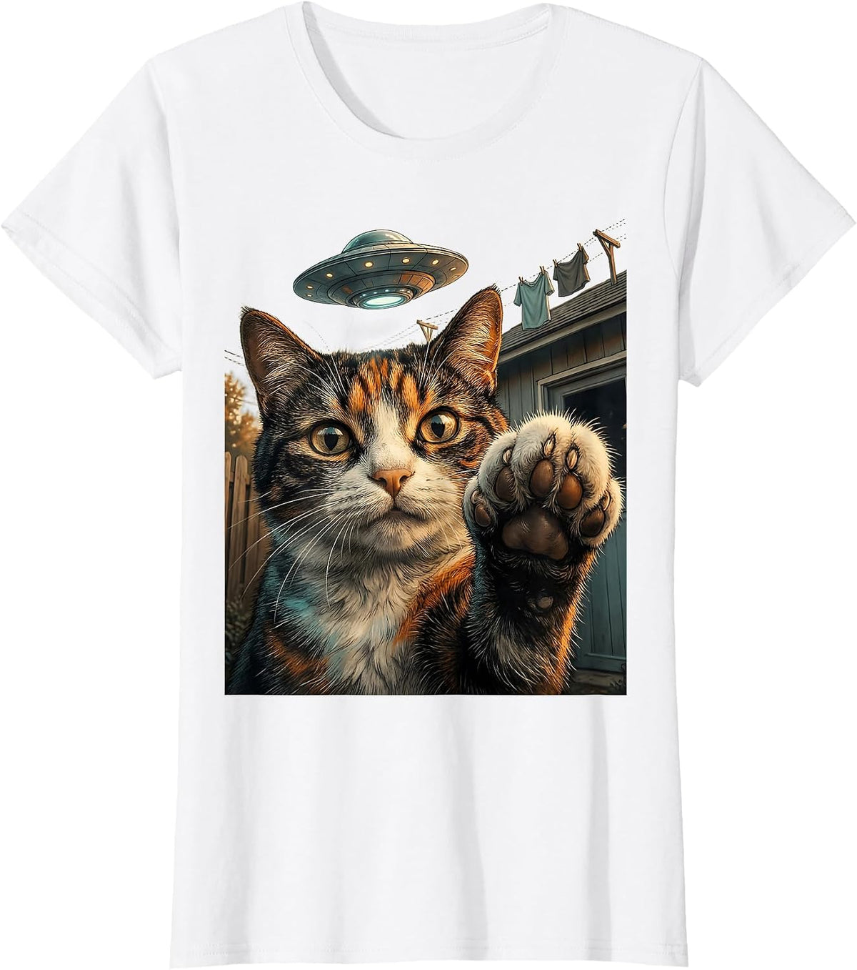 Women's Startled Cat UFO Selfie Funny Cat Lover Gift T-Shirt - White