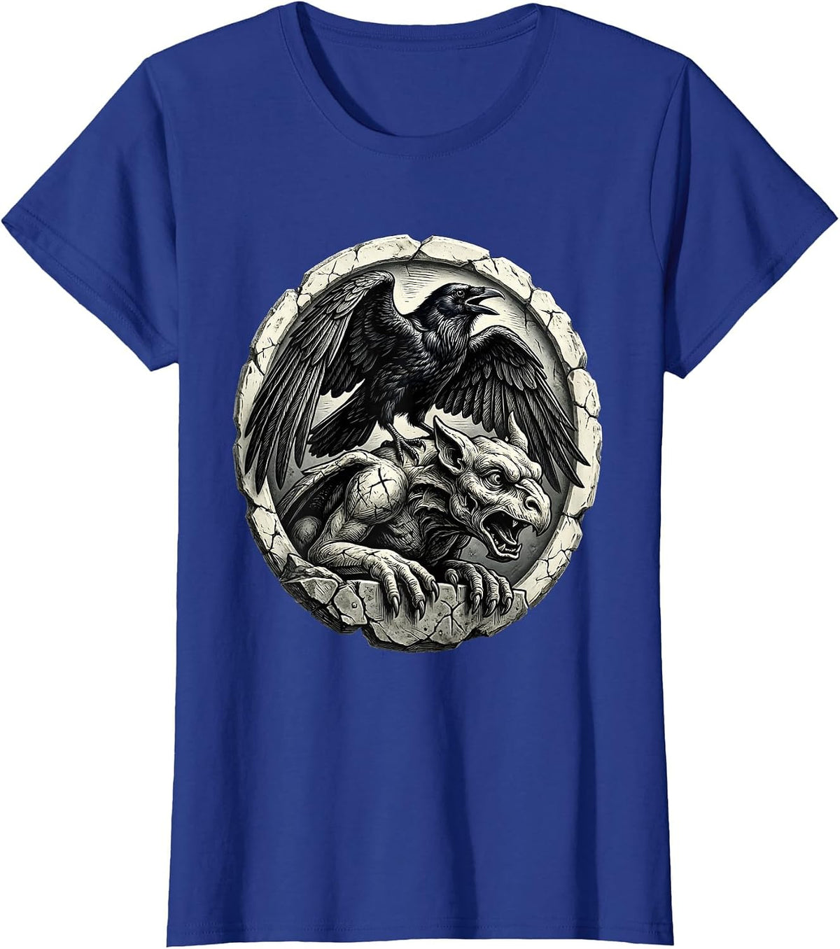 Raven and Gargoyle Gothic Dark Art Design T-Shirt - Royal Blue