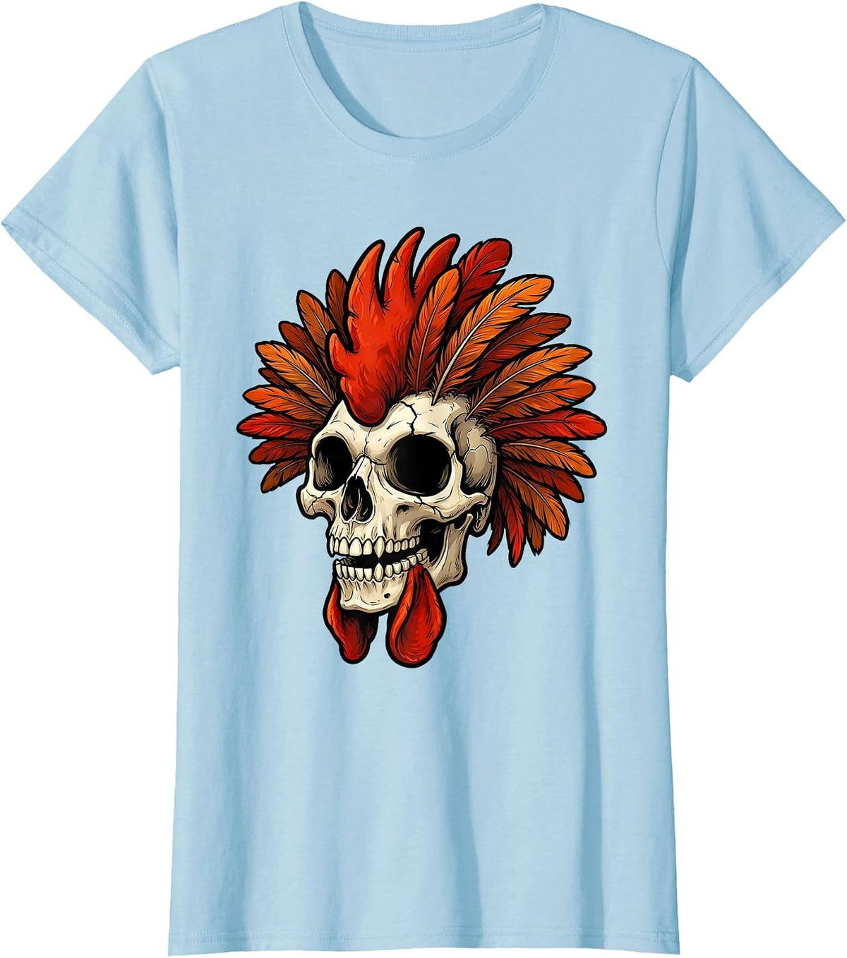 Rooster Skull Feather Mohawk Graphic Design T-Shirt - Baby Blue