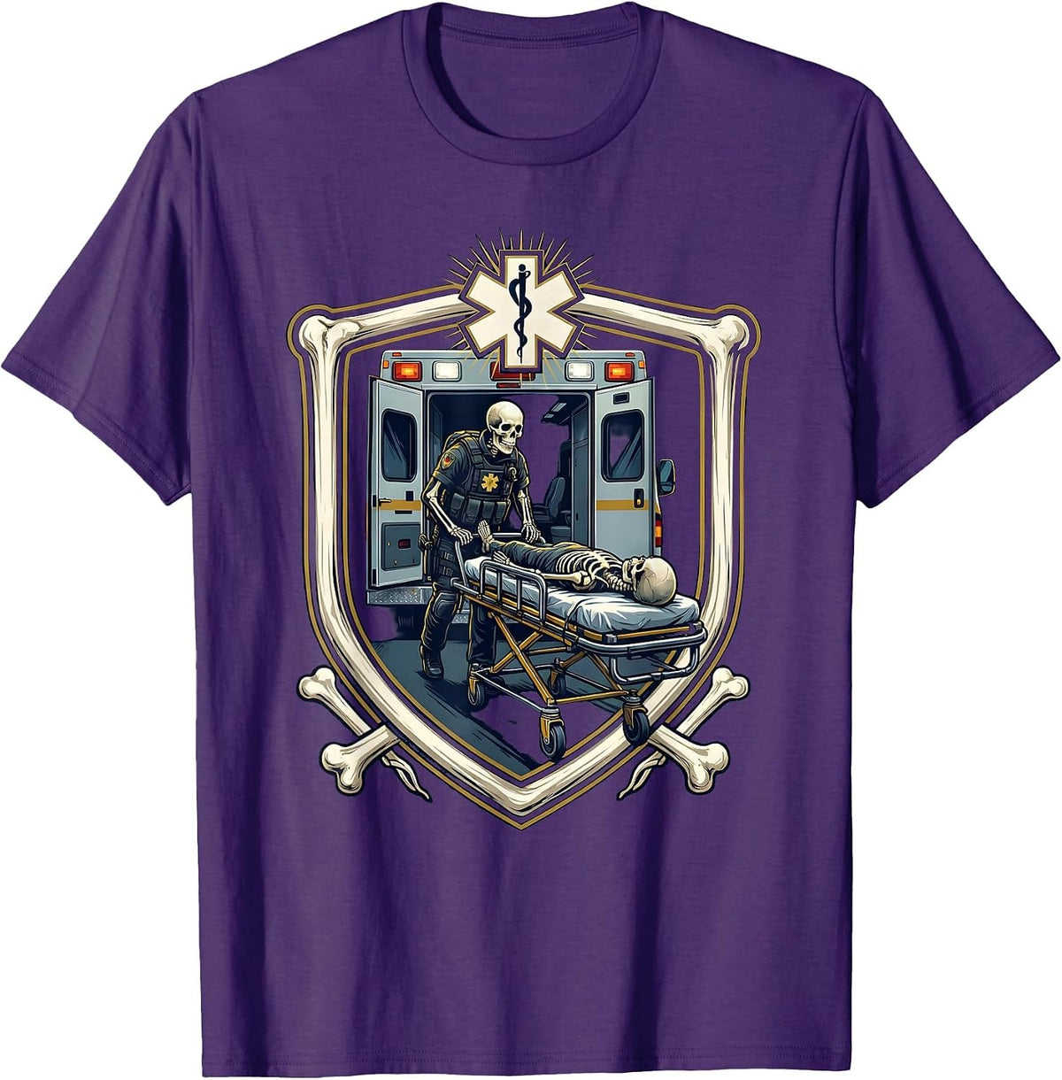 Skeleton Paramedic Ambulance Gurney Loading EMT T-Shirt - Purple