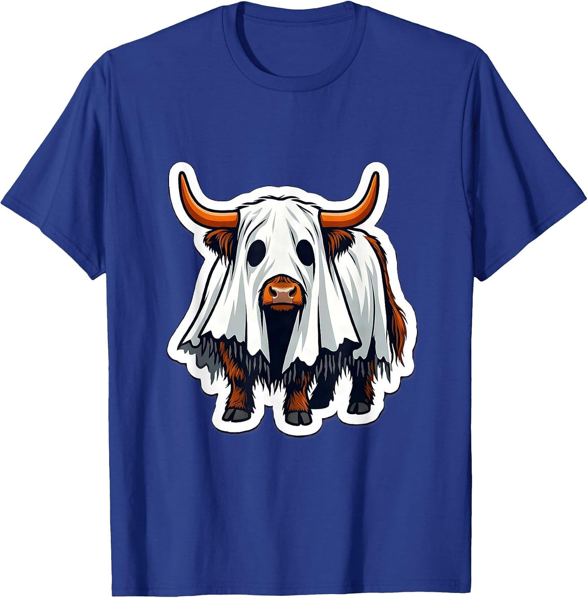 Men's Leaning Ghost Sheet Highland Cow Halloween Spooky Season T-Shirt - Royal Blue