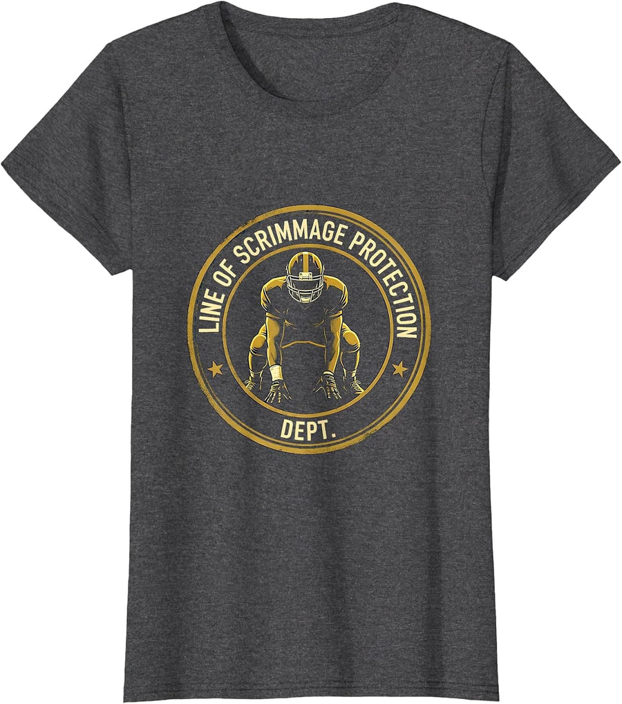 Women's Line Of Scrimmage Protection Dept Funny Football Lineman T-Shirt - Dark Heather Grey