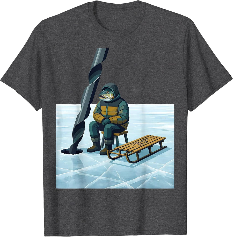 Men's I Fish After Ice-Up Funny Midcentury Modern Ice Fishing Dad T-Shirt - Dark Heather Grey