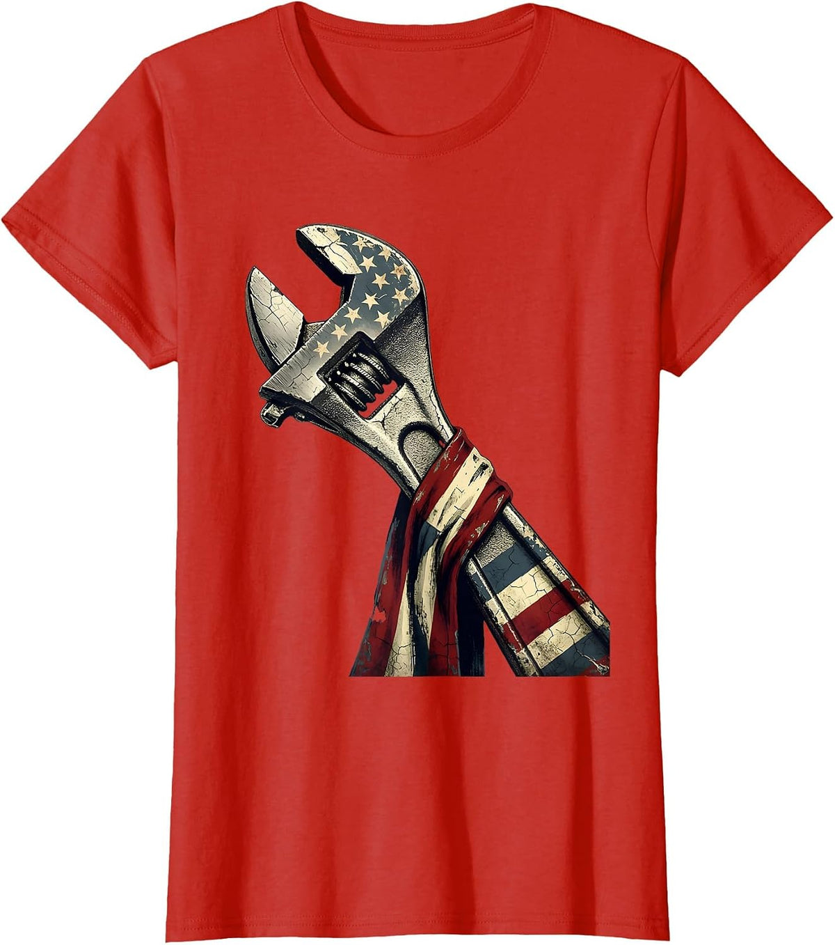 Labor Day American Flag Giant Wrench Graphic T-Shirt - Red