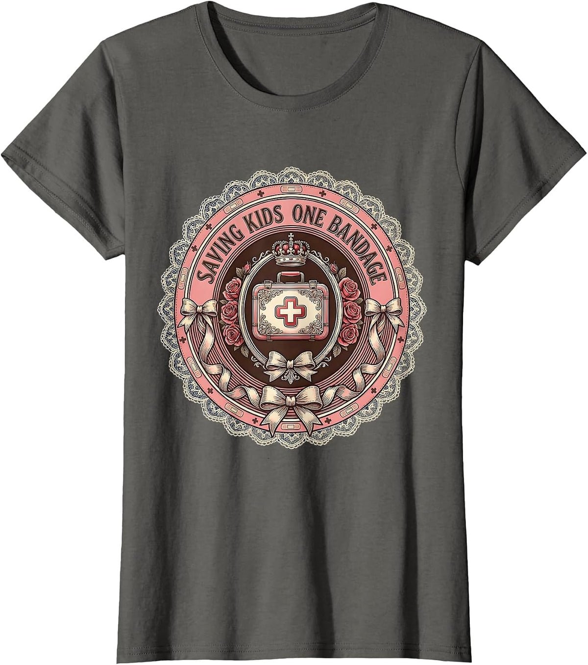 Women's Saving Kids One Bandage School Nurse Design T-Shirt - Asphalt Grey