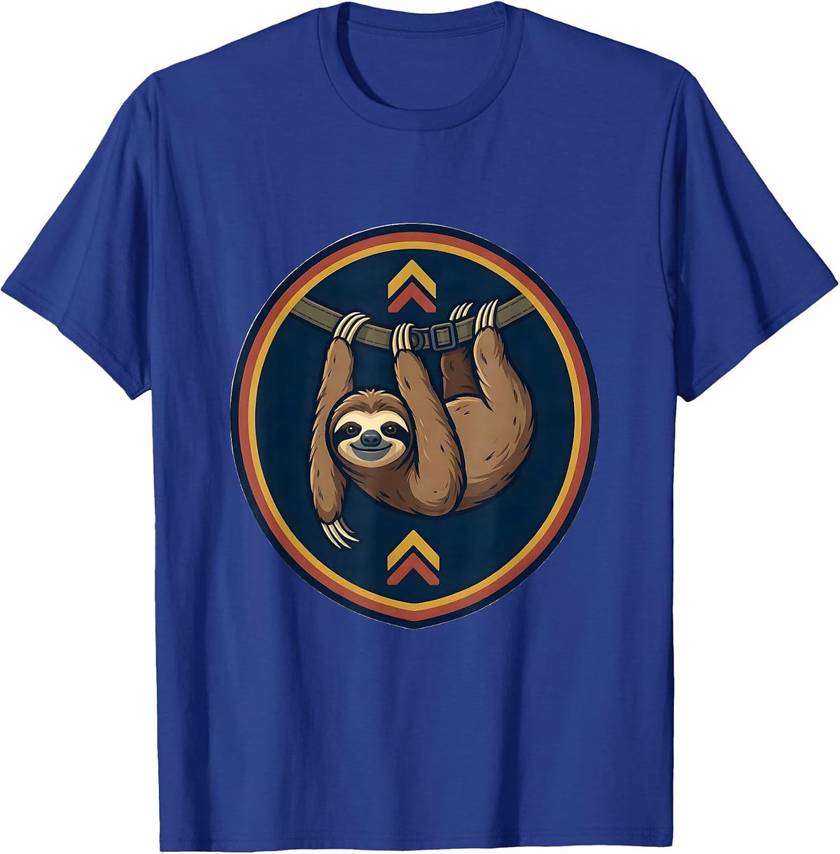 Men's Circular Shield Sloth Badge Hiking Backpack Emblem Humor T-Shirt - Royal Blue