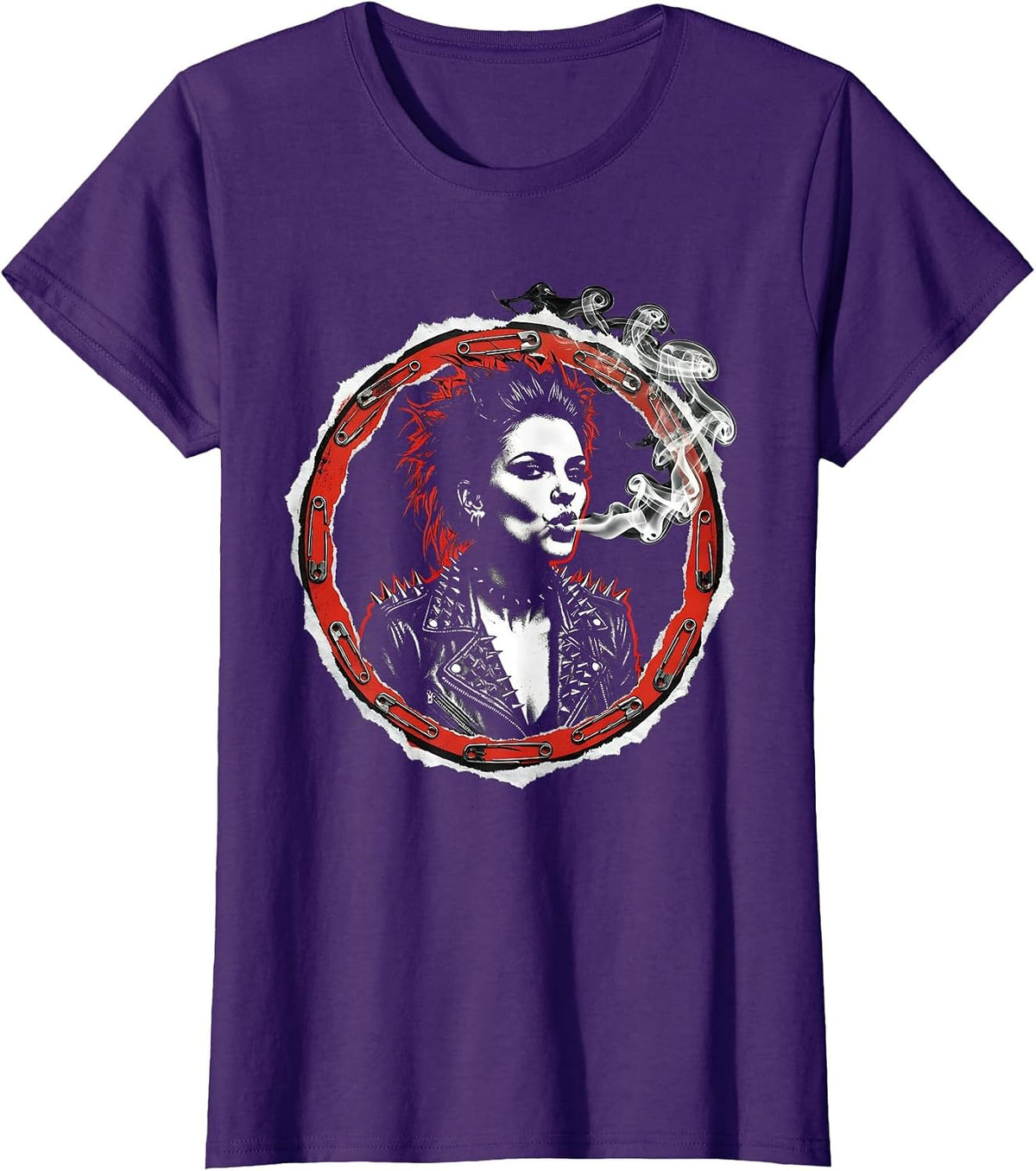 Women's Grunge Woman Blowing Smoke Ring Leather Jacket T-Shirt - Purple