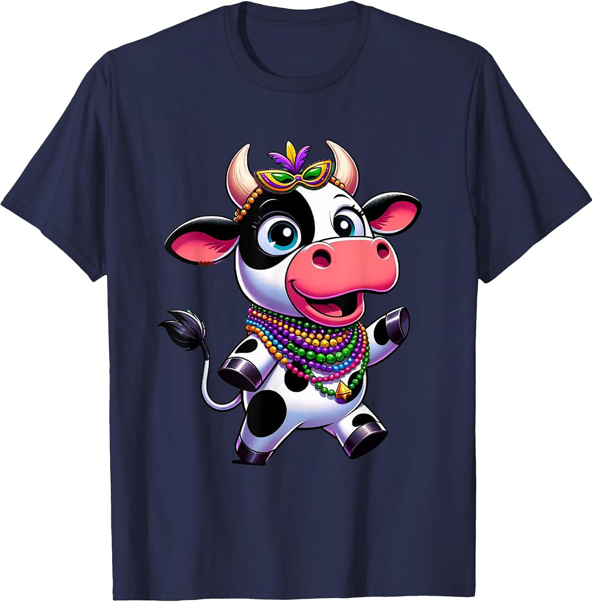 Mardi Gras Cow Wearing Mardi Gras Costume Beads T-Shirt - Navy Blue