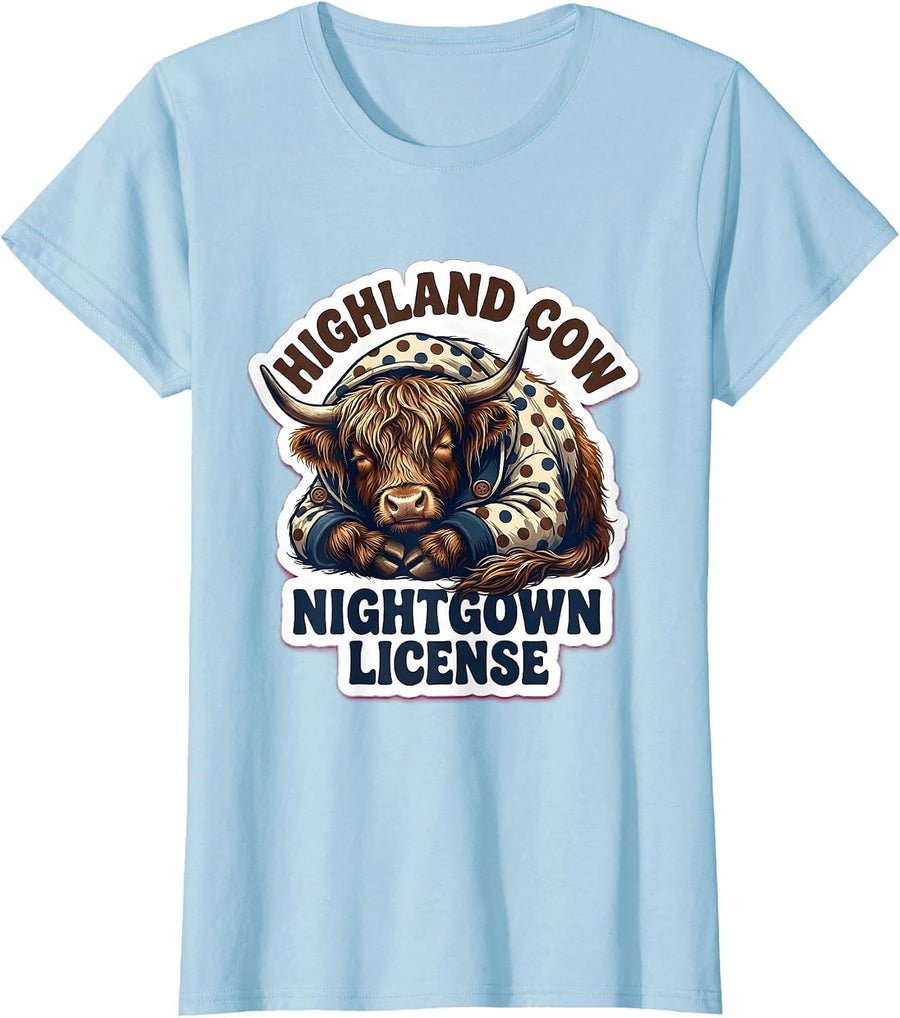 Women's Highland Cow Nightgown License Whimsical Cozy Pajama Humor T-Shirt - Baby Blue