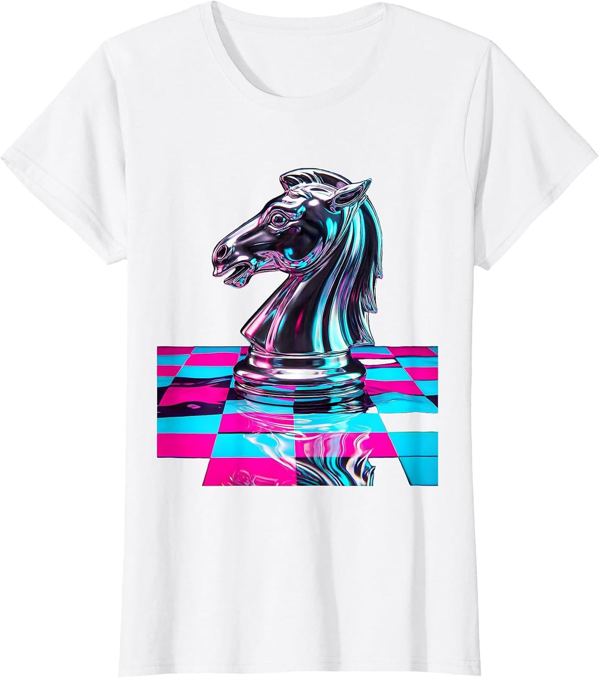 Women's Chess Knight Checkered Board Graphic Design T-Shirt - White