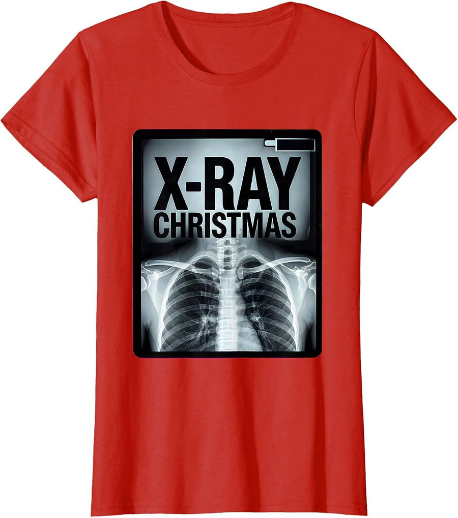 Women's X-Ray Christmas Funny Radiology Tech Skeleton Humor T-Shirt - Red