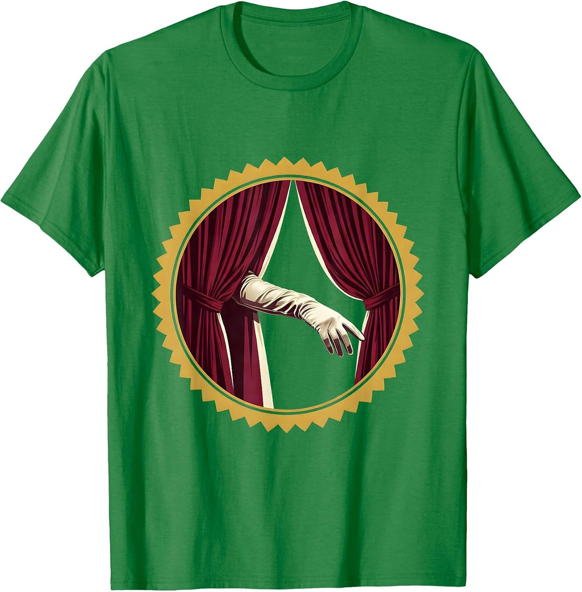 Men's Showgirl Gloved Hand Behind Curtain Graphic T-Shirt - Kelly Green