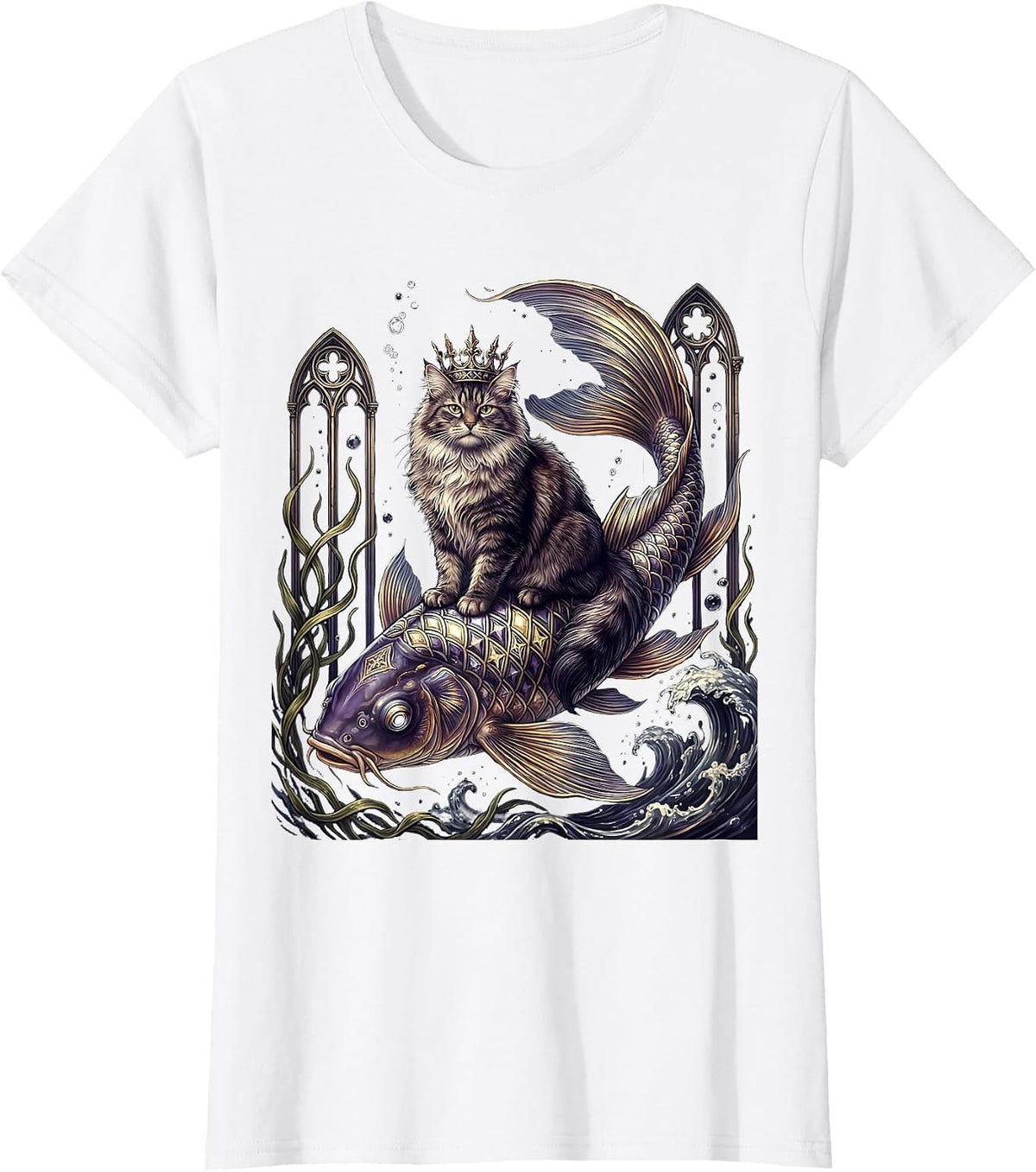 Cat Riding Giant Koi Fish Underwater Art T-Shirt - White