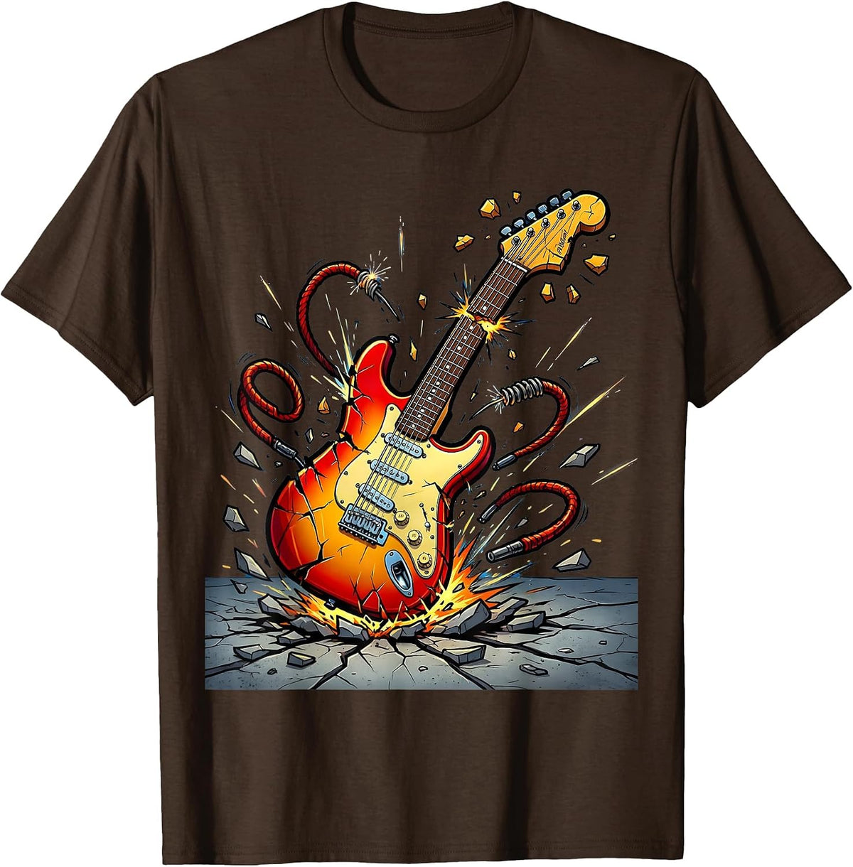Men's Punk Guitar Smash Graphic Tee T-Shirt - Brown