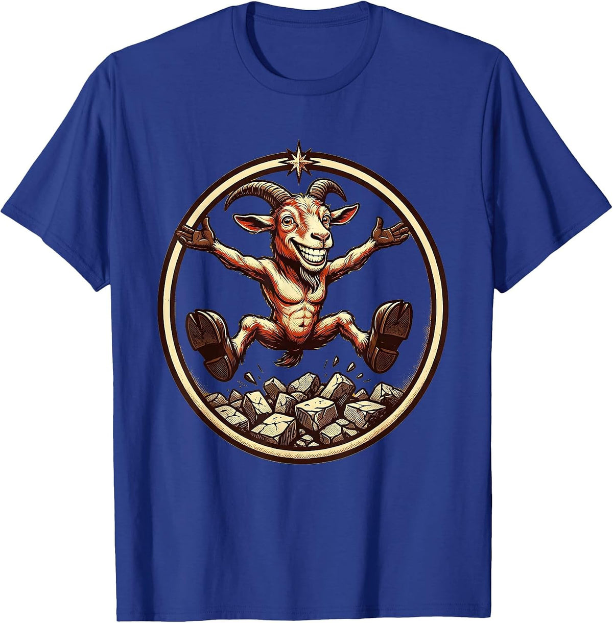 Goat Mid-Leap Over Crumbling Stone Wall T-Shirt - Royal Blue