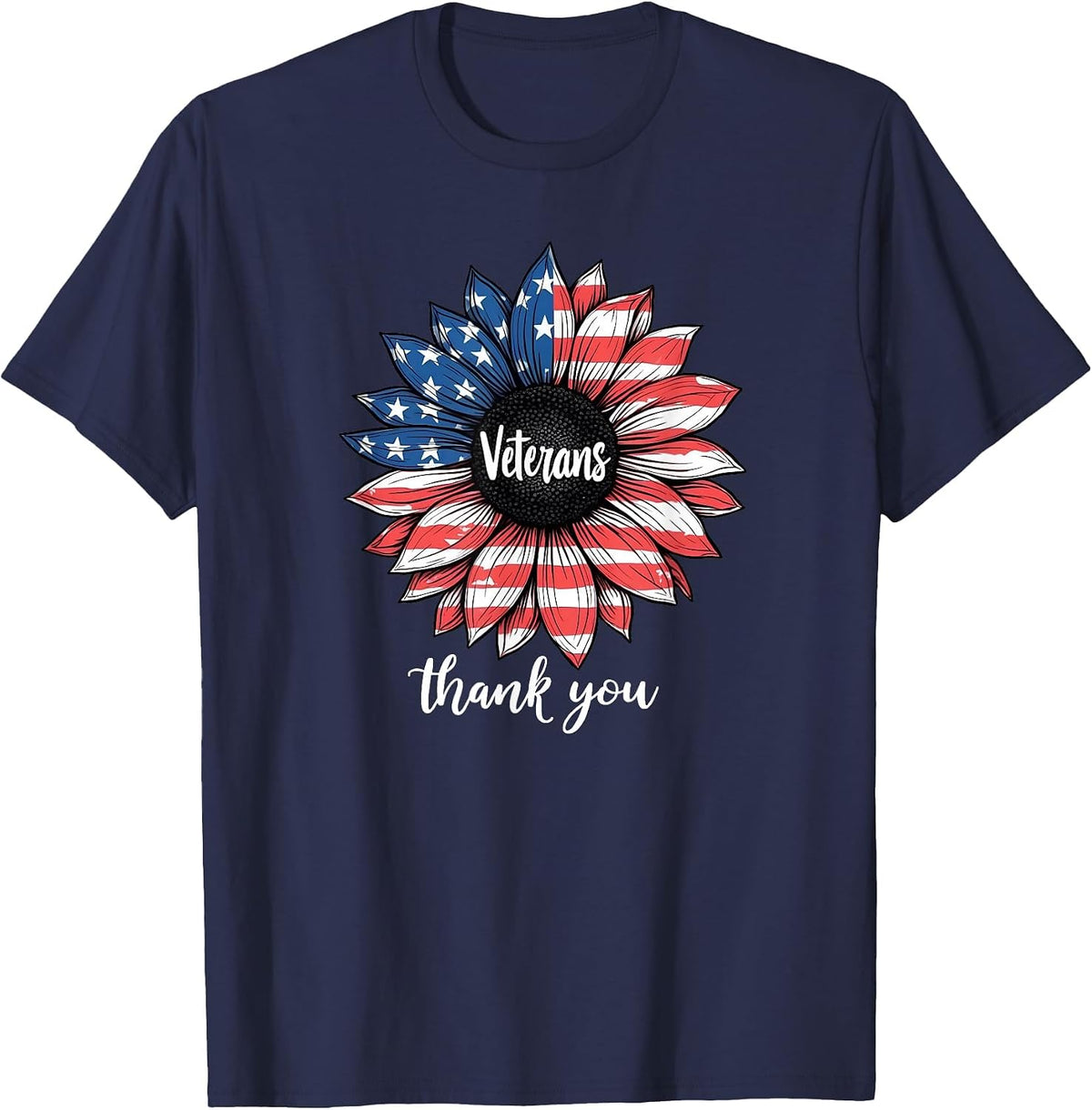 Thank You Veterans Sunflower US America Flag Patriotic Women T-Shirt - Navy Blue