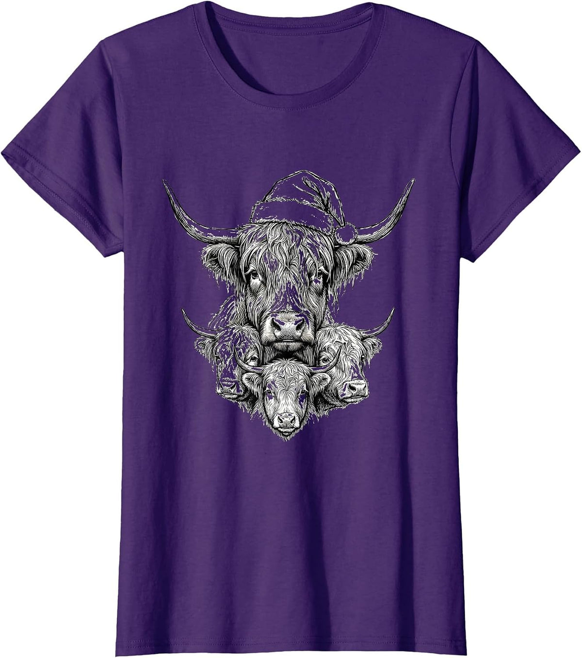 Women's Highland Cow Santa Hat Farm Animal Christmas Humor T-Shirt - Purple