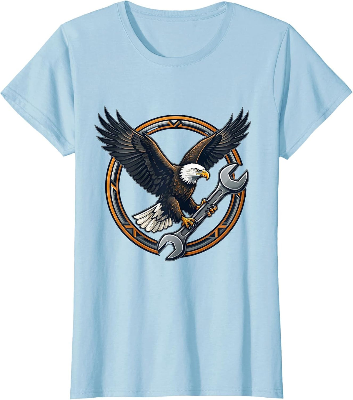 Women's Bald Eagle Carrying Wrench Triumphant Art T-Shirt - Baby Blue
