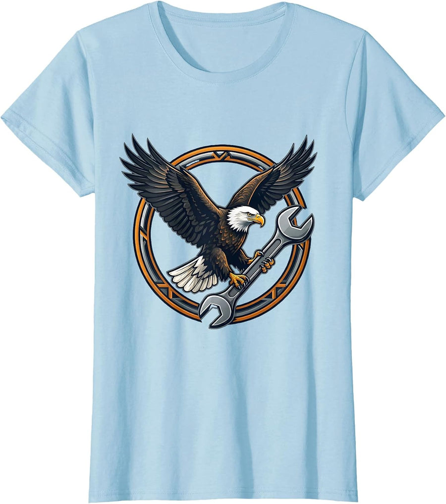 Women's Bald Eagle Carrying Wrench Triumphant Art T-Shirt - Baby Blue