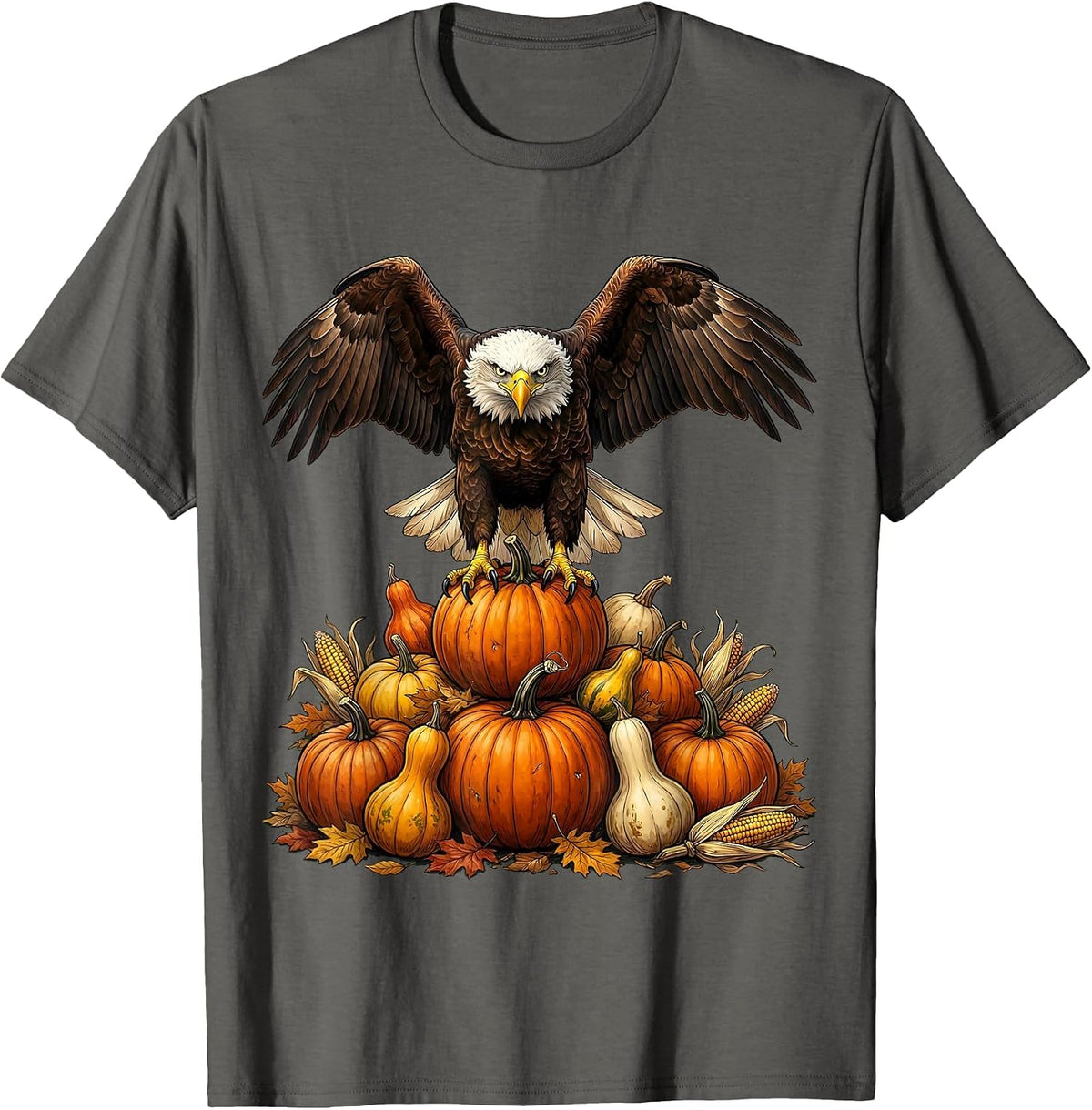 Men's Bald Eagle Perched on Pumpkins Thanksgiving T-Shirt - Asphalt Grey