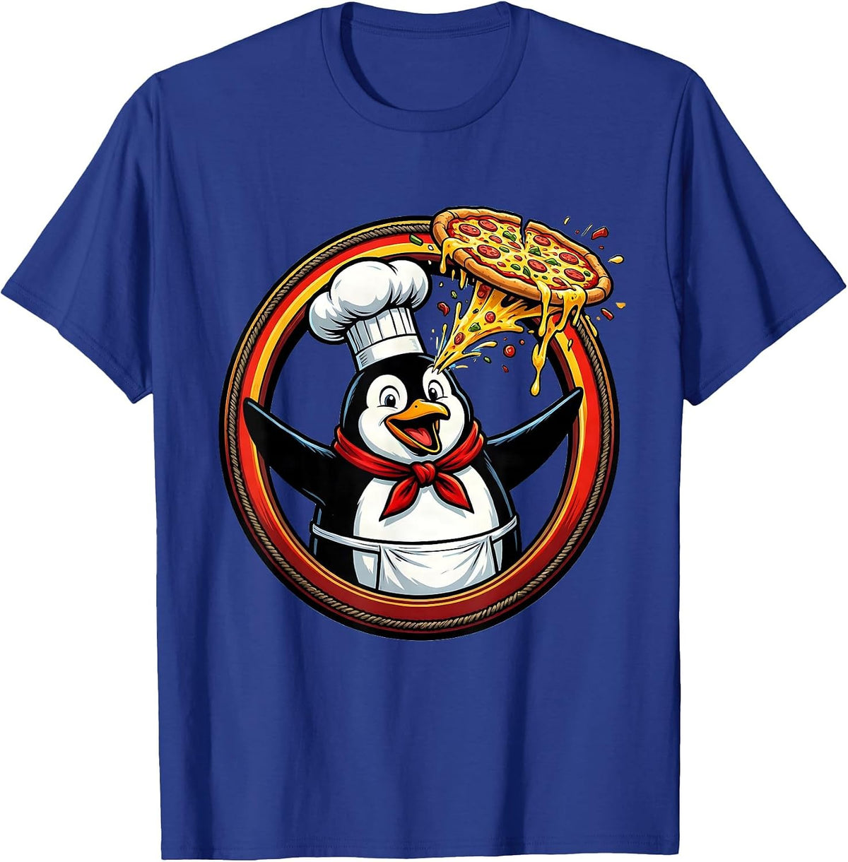 Men's Penguin Chef Tossing Pizza Graphic Design T-Shirt - Royal Blue