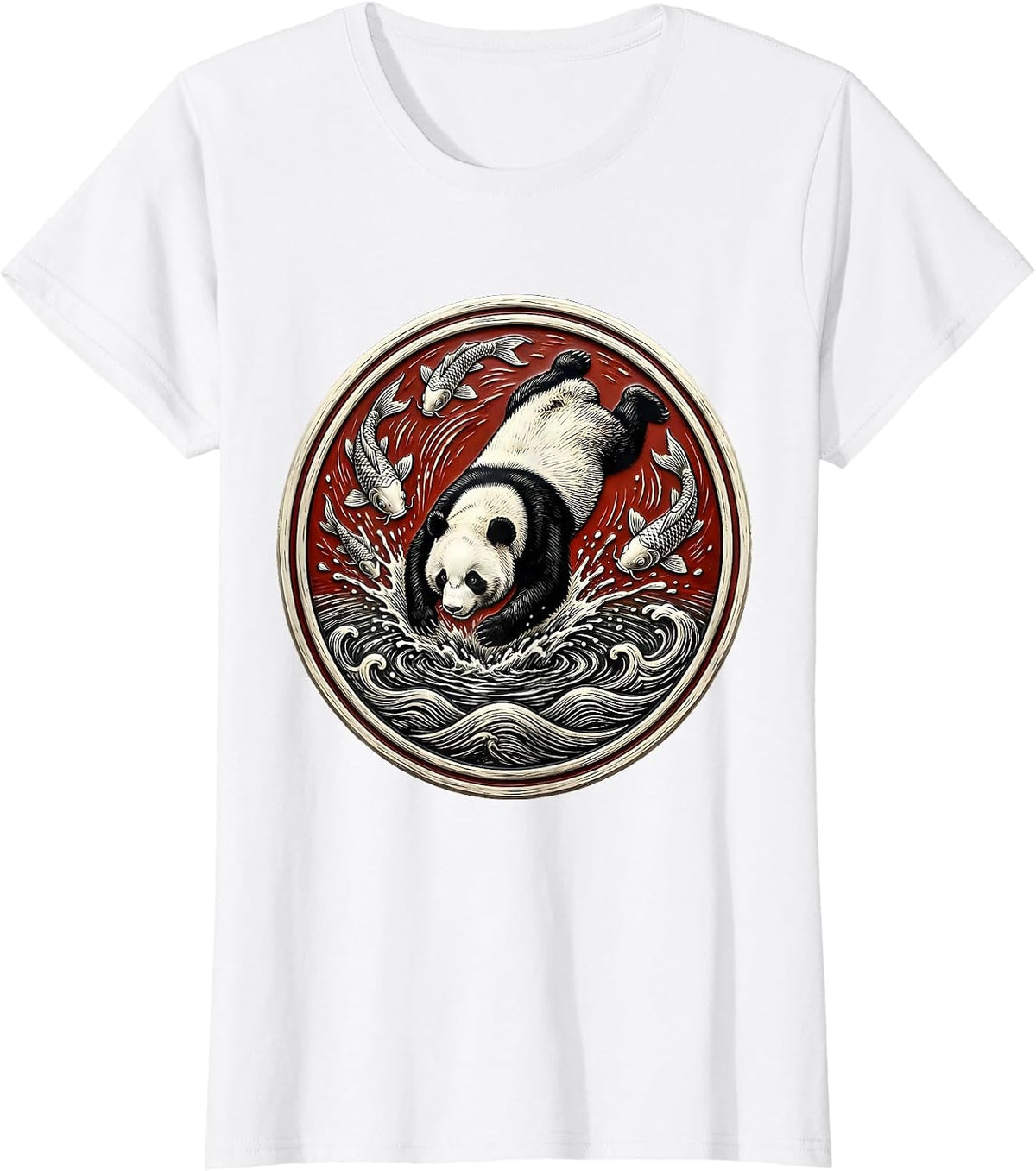 Panda Bear Diving Into Koi Pond Graphic T-Shirt - White
