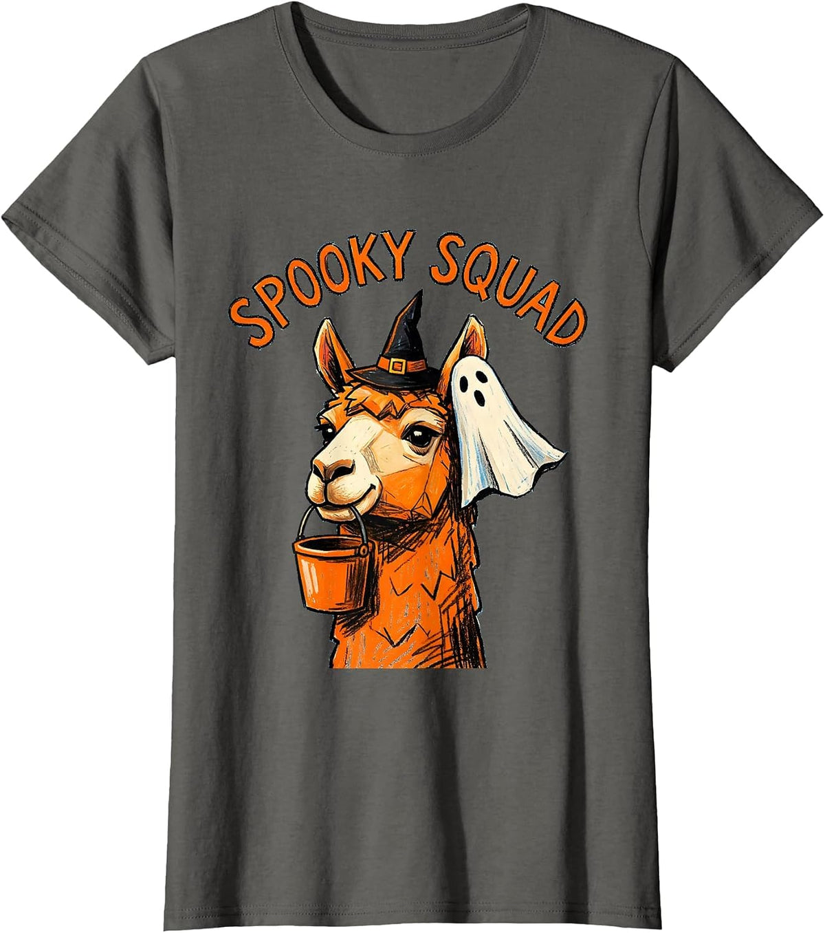 Women's Spooky Squad Naive Kidcore Llama Halloween Humor T-Shirt - Asphalt Grey