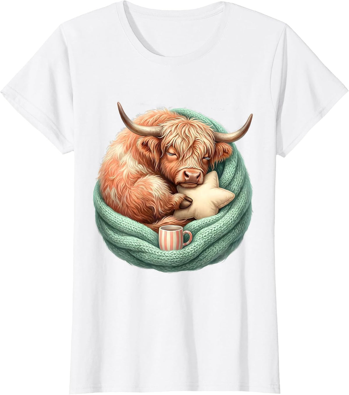 Sleepy Highland Cow Kawaii Holiday Pajama Gift T-Shirt - White