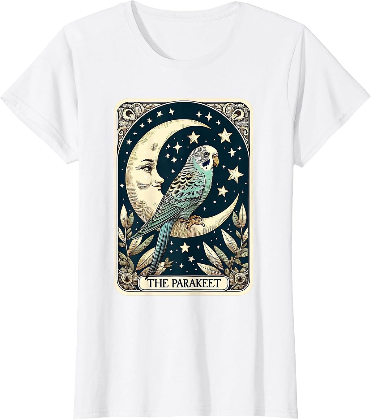 Cute Parakeet Tarot Card Star with the Moon Men Women Kids T-Shirt - White