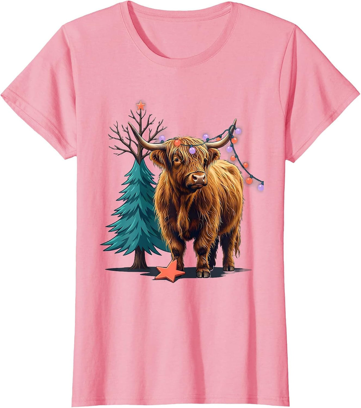 Women's Highland Cow Christmas Holiday Humor Funny Farm Animal T-Shirt - Pink