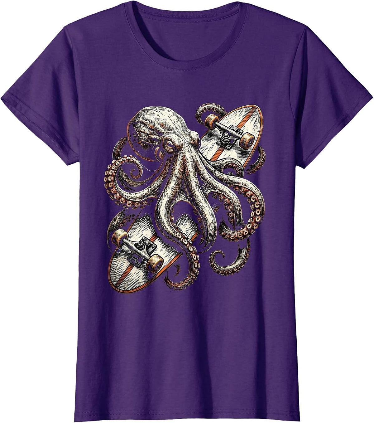 Women's Octopus Surfboard Surf Art Graphic Tee T-Shirt - Purple