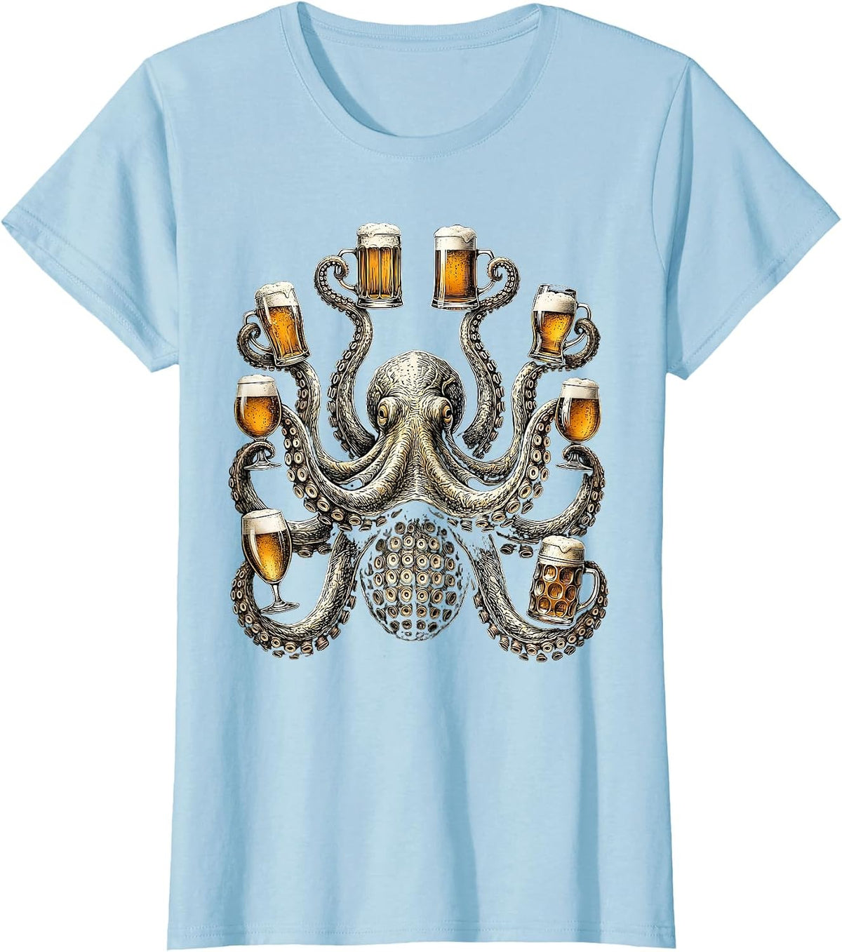Octopus Holding Eight Beers Funny Drinking Art T-Shirt, Women, Baby Blue, Medium - As Pictured