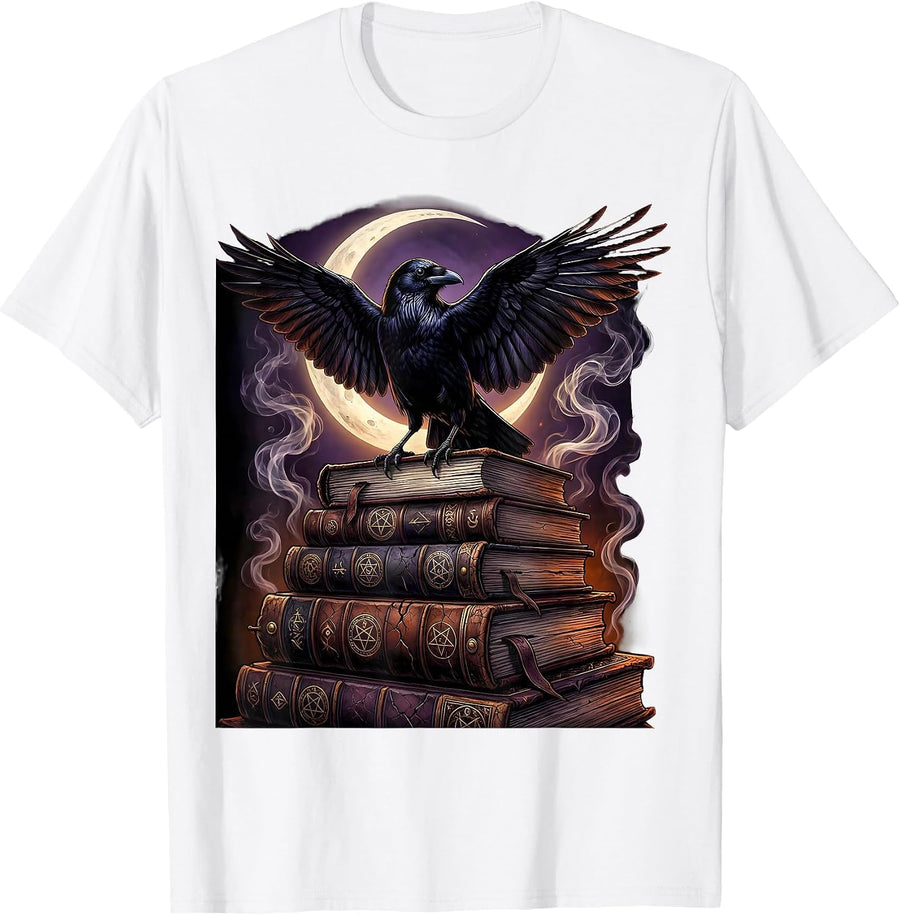 Men's Crow and Stacked Spell Books Halloween Design T-Shirt - White