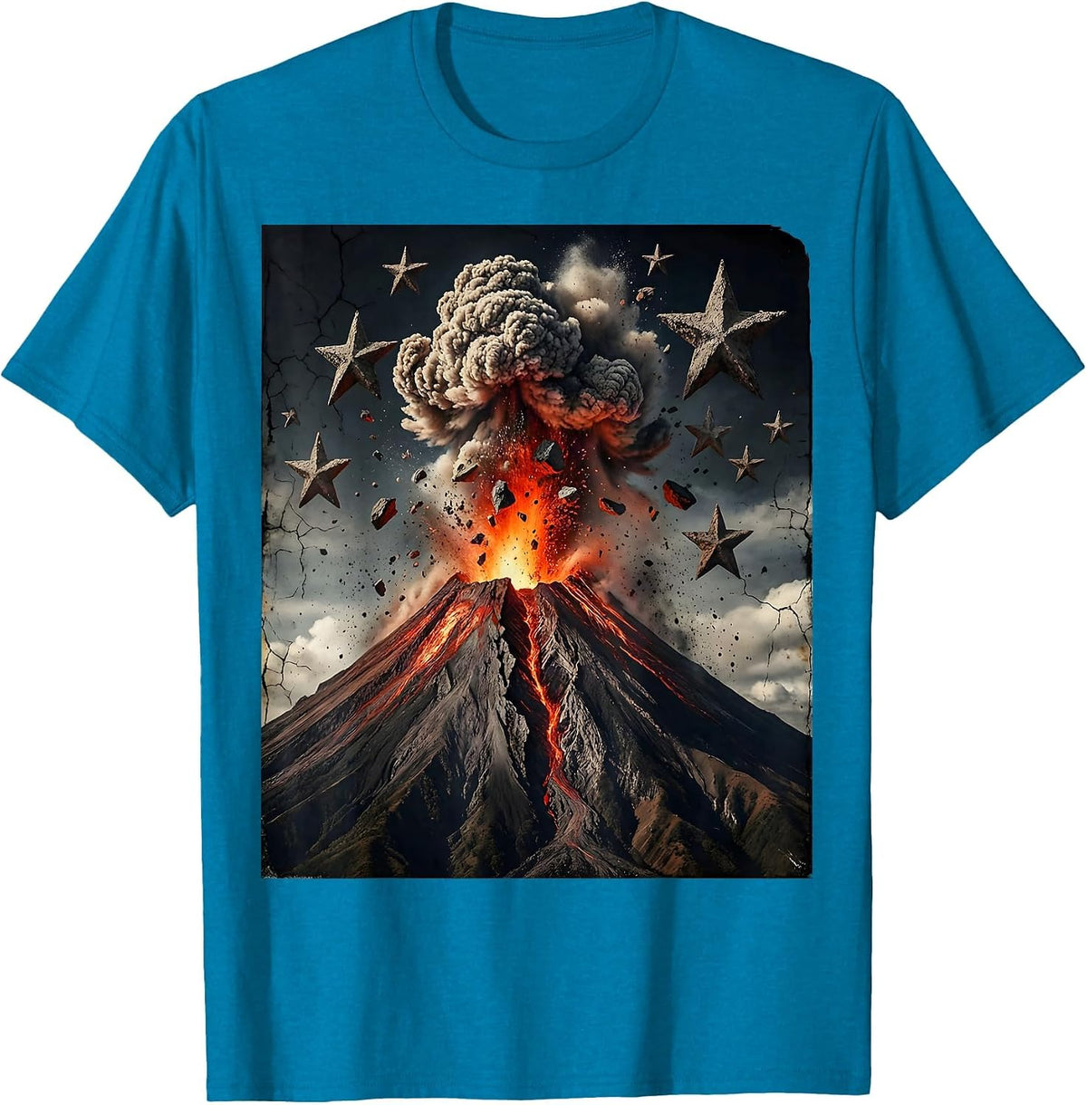 Red Volcano Erupting Under Starlit Sky Design T-Shirt - Sapphire Blue