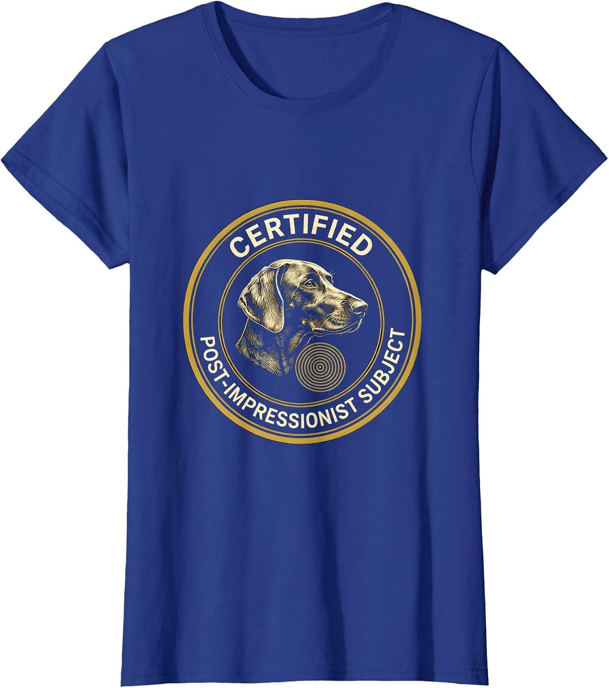Women's Certified Post-Impressionist Subject Dog Lover Whimsical Art T-Shirt - Royal Blue