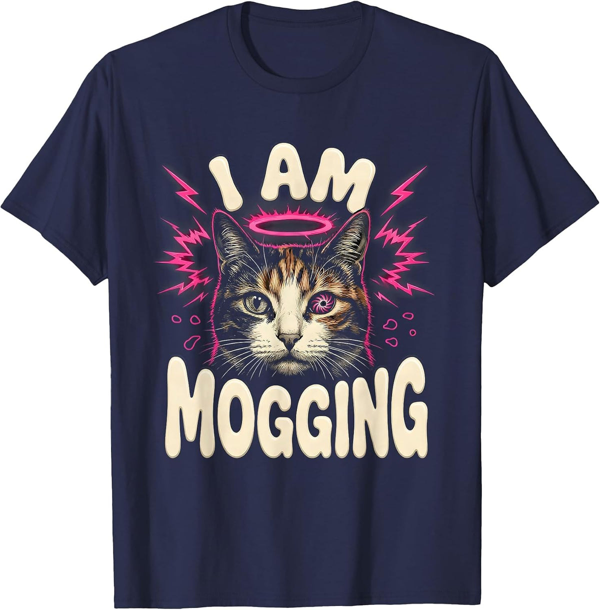 Men's I Am Mogging Funny Cat Meme Bootleg Graphic T-Shirt - Navy Blue