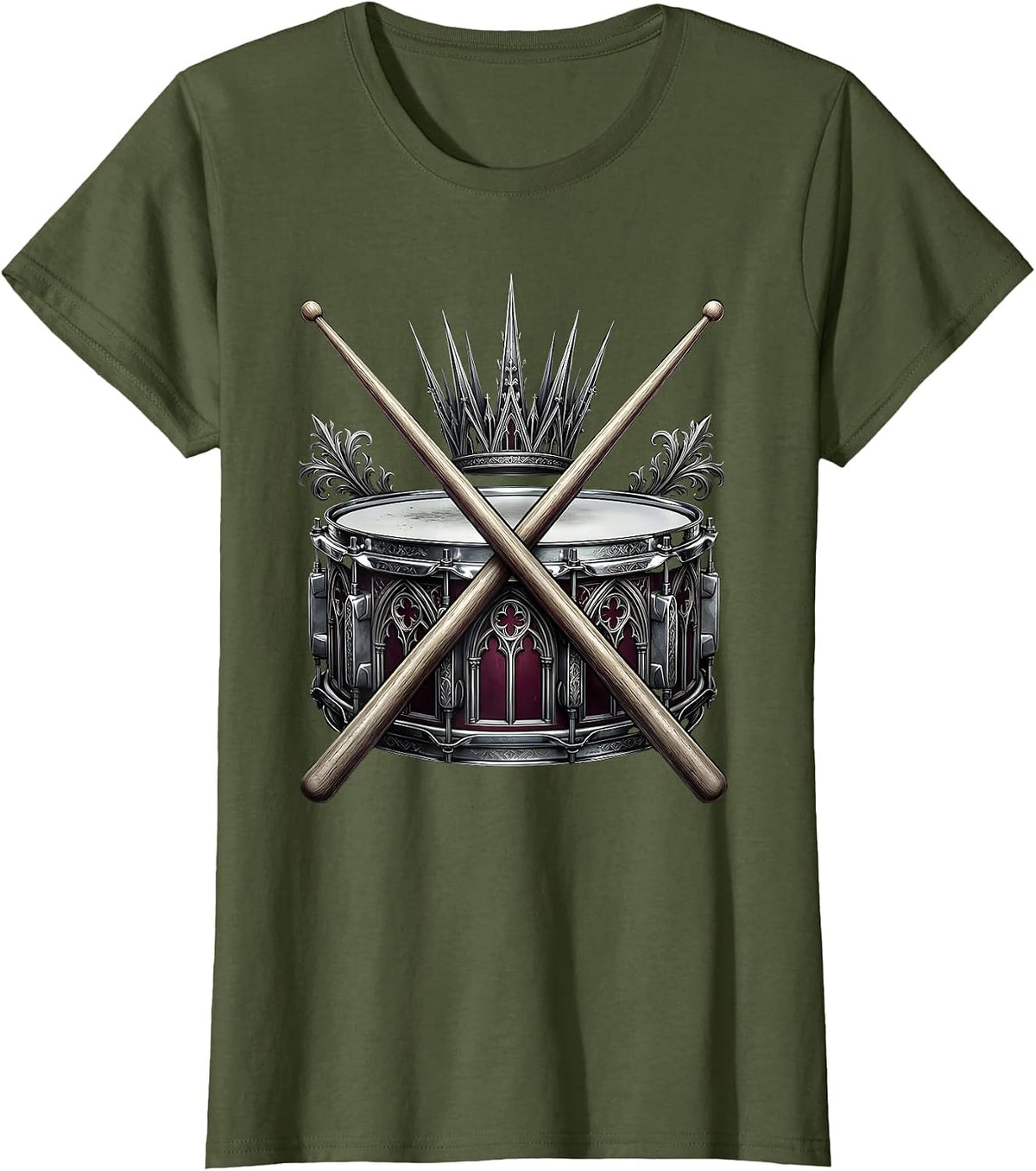 Women's Crossed Drumsticks Snare Drum Band Graphic T-Shirt - Olive Green