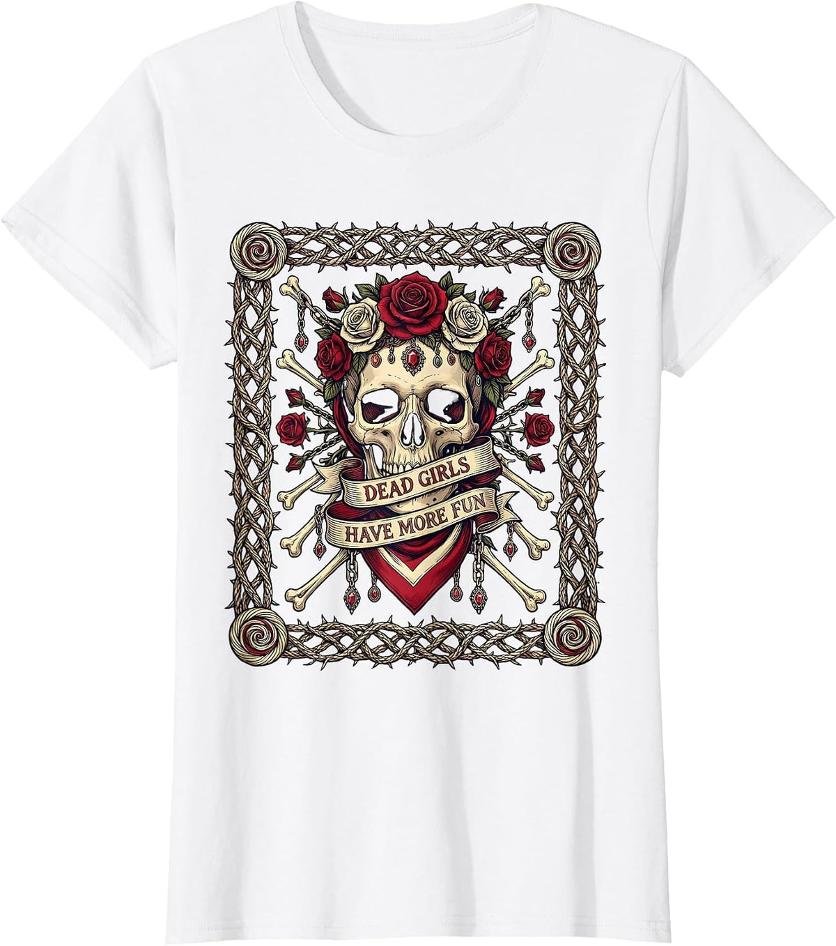 Women's Dead Girls Have More Fun Skeleton Design T-Shirt - White